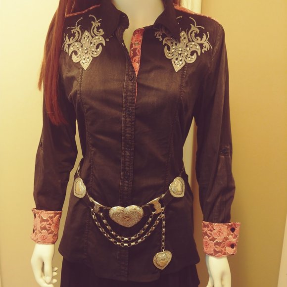 Roar Tops - Embroidered Western Style Shirt with Lace and Sequins